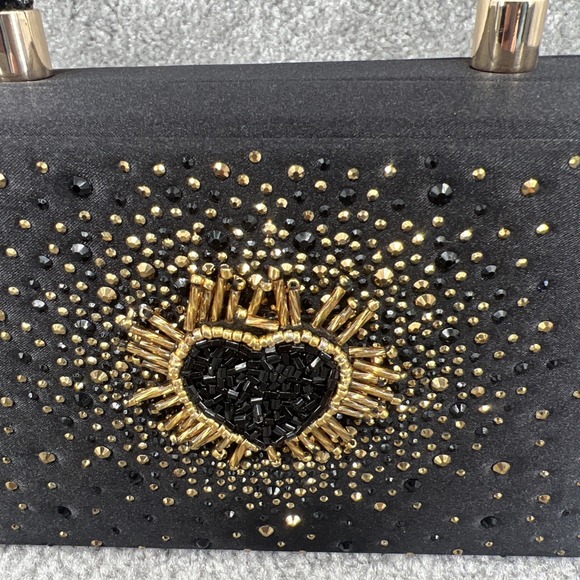 Alessia Black Box Clutch Beaded Gold Heart Rhinestone Crossbody Purse NWT Glam - Picture 2 of 8